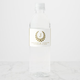 Elegant Monogram With Gold Laurel Wreath  Water Bottle Label