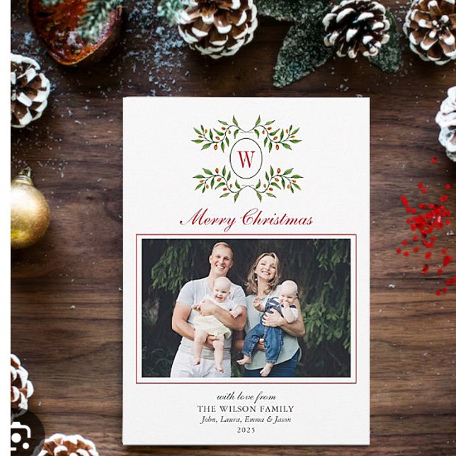Elegant Monogram with Greenery Family Photo  Holiday Card (Creator Uploaded)