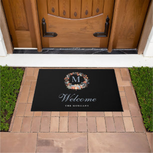 Elegant Monogram Wreath Chic Black Christmas Doormat