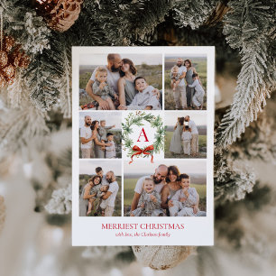 Elegant Monogram Wreath Christmas Six Photo Holiday Card