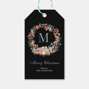 Elegant Monogram Wreath Dusty Blue Christmas Gift Tags
