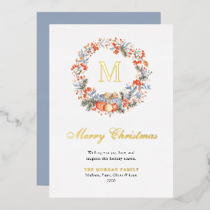 Elegant Monogram Wreath Dusty Blue Modern Foil Holiday Card