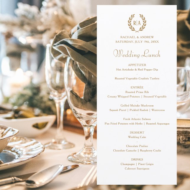 Elegant Monogram Wreath Gold White Wedding Menu (Creator Uploaded)