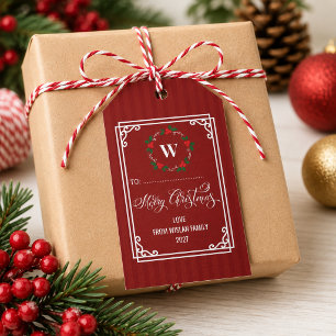 Elegant Monogram Wreath merry Christmas Red  Gift Tags