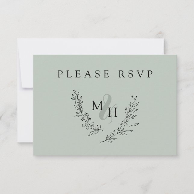 Elegant Monogram Wreath Sage Wedding RSVP Card (Front)