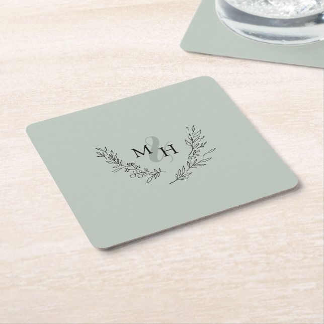 Elegant Monogram Wreath Sage Wedding Square Paper Coaster (Angled)