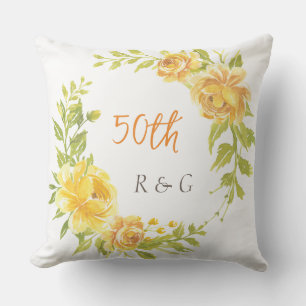 Elegant Monogram Yellow Flower Wreath Wedding 50th Cushion