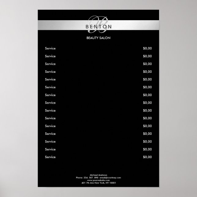 Elegant Monogramm Black Silver Pricelist Poster (Front)