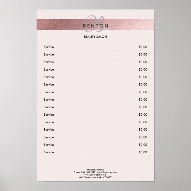 Elegant Monogramm Lightpink Rosegold Pricelist Poster (Front)