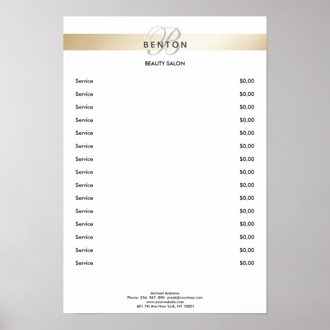 Elegant Monogramm White Gold Stripe Pricelist  Poster (Front)