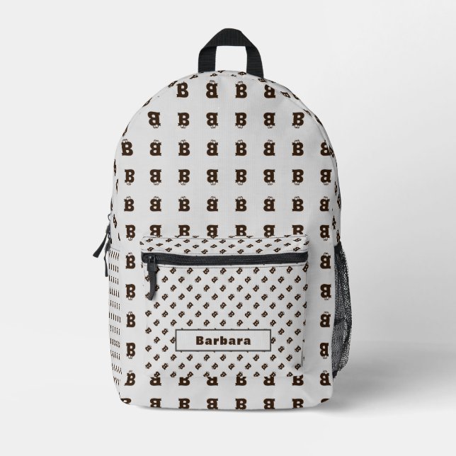 Elegant Monogrammed Alphabet Pattern Name Brown Printed Backpack (Front)