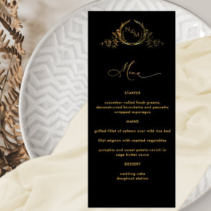 Elegant Monogrammed Black and Gold Wedding Menu