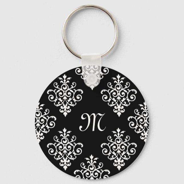 Elegant Monogrammed Black and White Damask Pattern Key Ring (Front)