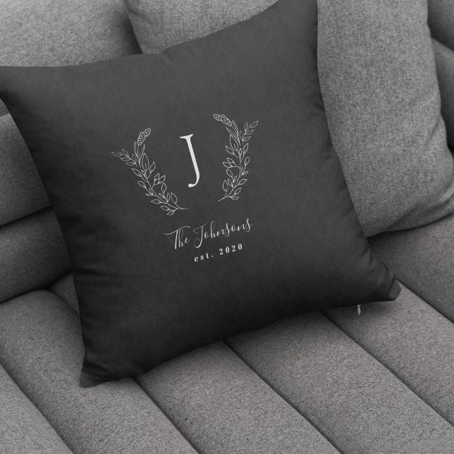 Elegant monogrammed black and white name cushion (Creator Uploaded)