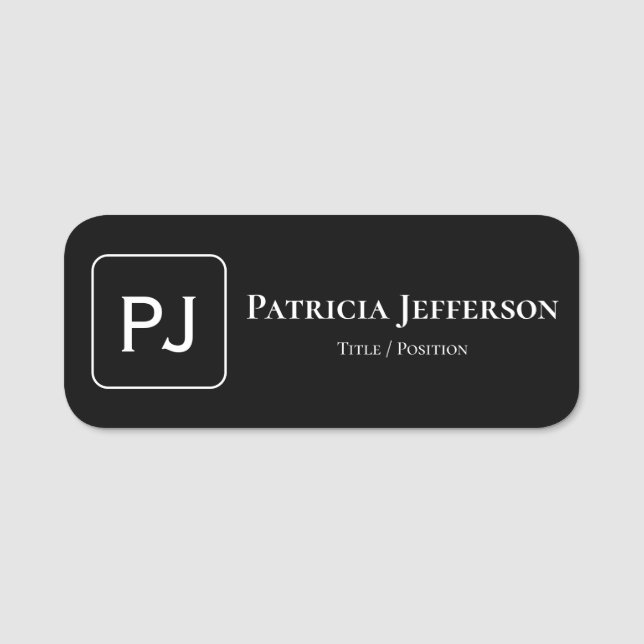 Elegant Monogrammed Black and White: Professional Name Tag (Front)