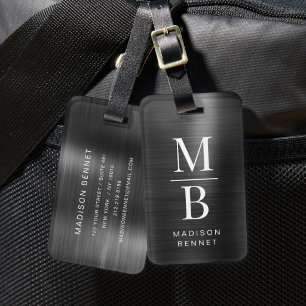 Elegant Monogrammed Black Brushed Metallic Luggage Tag