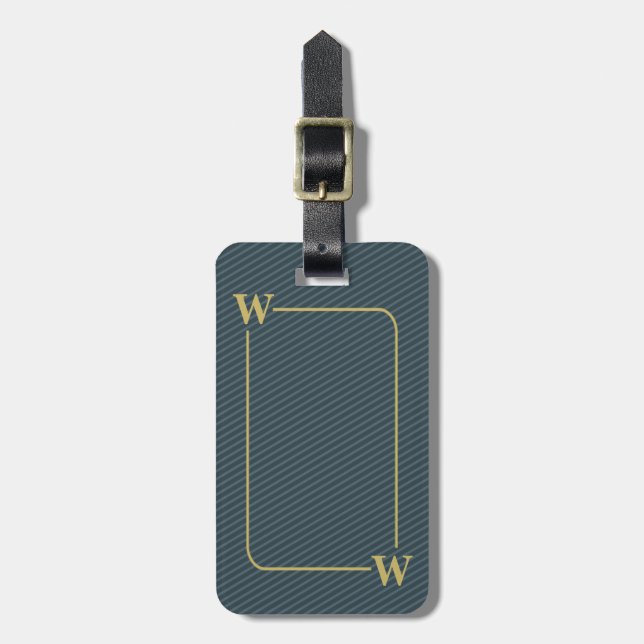 Elegant Monogrammed Black Gold Blue Pinstripe Luggage Tag (Front Vertical)