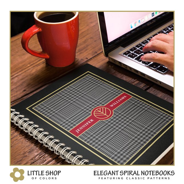 Elegant Monogrammed Black Gold Red Plaid Notebook (Creator Uploaded)