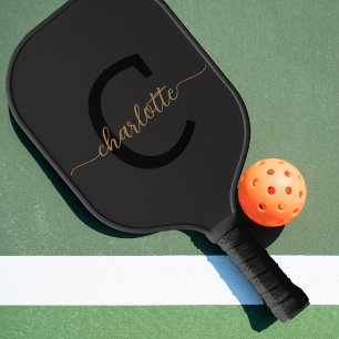 Elegant Monogrammed Black Gold Script Name Pickleball Paddle