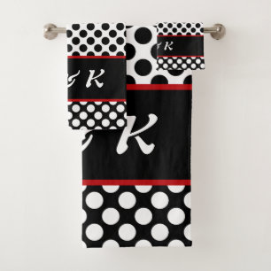 Elegant Monogrammed Black Polka Dot Bath Towel Set