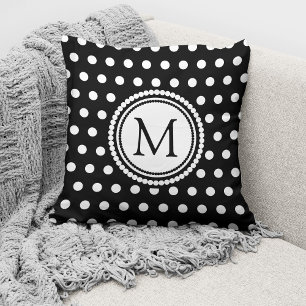 Elegant Monogrammed Black White Polka Dots  Cushion