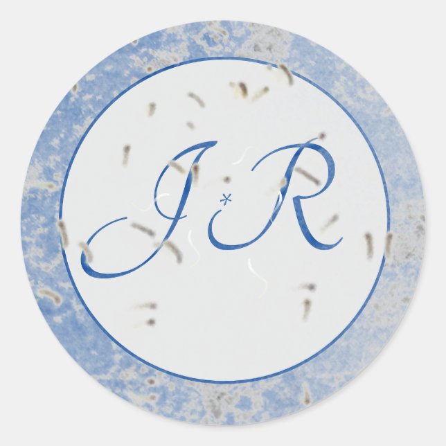 Elegant Monogrammed Blue and Grey Classic Round Sticker (Front)