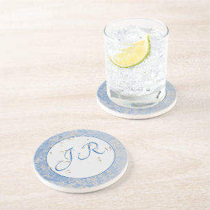 Elegant Monogrammed Blue and Grey Coaster