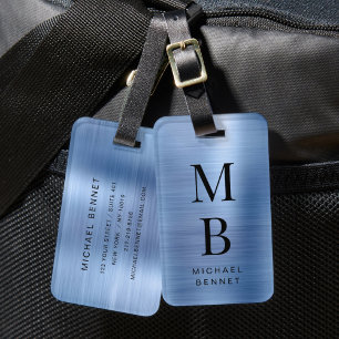 Elegant Monogrammed Blue Brushed Metallic Luggage Tag