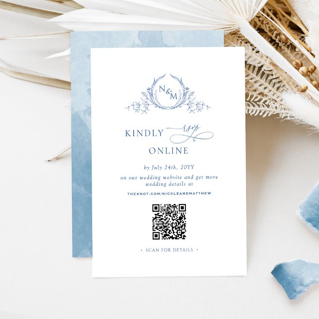 Elegant Monogrammed Blue RSVP Online QR Code  Enclosure Card (Creator Uploaded)