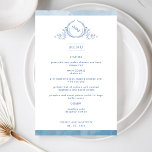 Elegant Monogrammed Blue Watercolor Wedding Menu<br><div class="desc">Welcome your guests to their table with this elegant monogrammed wedding menu, with exquisite hand drawn leafy monogram with couples initials, and blue watercolor border stripes. Back with beautiful watercolor wash in a variety of blue hues. Part of our "Blue Watercolor Botanical Monogram Wedding" Collection with a variety of coordinating...</div>