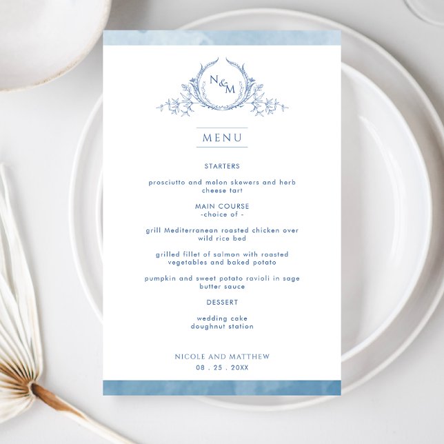 Elegant Monogrammed Blue Watercolor Wedding Menu (Creator Uploaded)