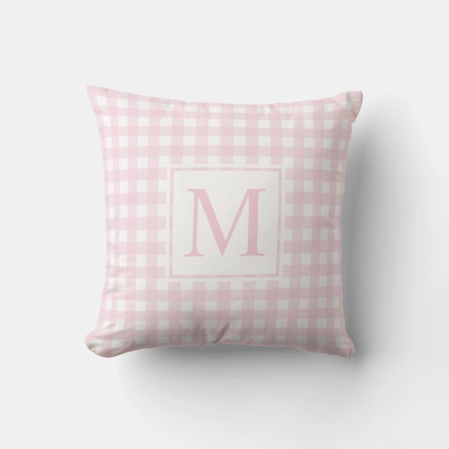 Elegant Monogrammed Blush Pink Medium Gingham Cushion (Front)
