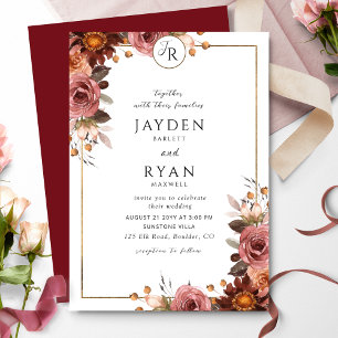 Elegant Monogrammed Burgundy and Blush Wedding Invitation