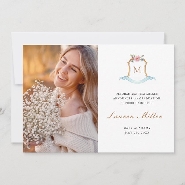Elegant Monogrammed crest Graduation  Announcement (Front)