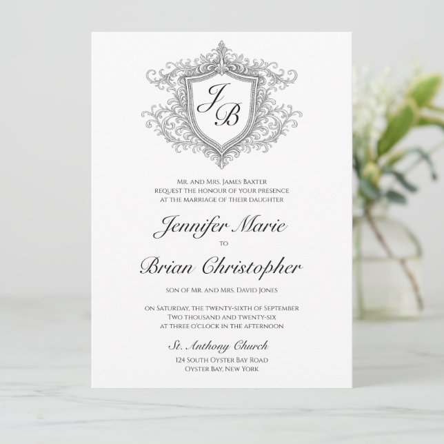 Elegant Monogrammed Crest Invitation (Standing Front)