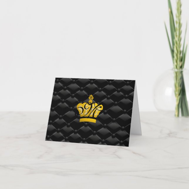 Elegant Monogrammed Crown Tufted Black Card (Front)