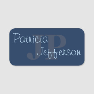 Elegant Monogrammed Dark Blue Modern Professional Name Tag