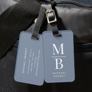 Elegant Monogrammed Dusty Blue Luggage Tag