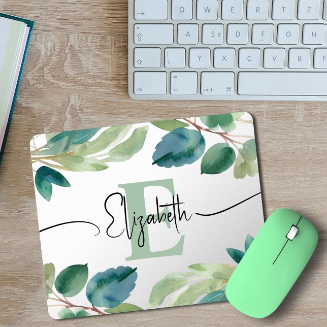 Elegant Monogrammed Eucalyptus Greenery Watercolor Mouse Pad (Creator Uploaded)