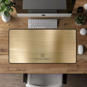 Elegant Monogrammed Faux Gold Brushed Metallic Desk Mat
