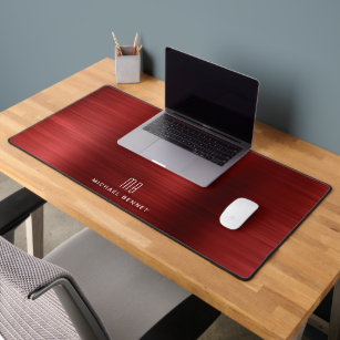 Elegant Monogrammed Faux Red Brushed Metallic Desk Mat