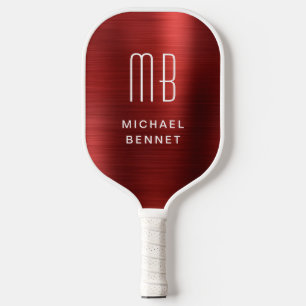 Elegant Monogrammed Faux Red Brushed Metallic Pickleball Paddle