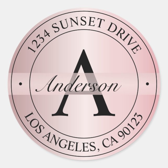 Elegant Monogrammed Faux Rose Gold & Black Address Classic Round Sticker (Front)
