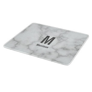 Elegant Monogrammed Faux White Marble Cutting Board