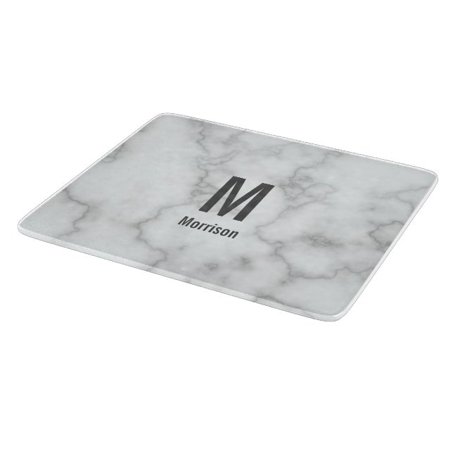 Elegant Monogrammed Faux White Marble Cutting Board (Corner)