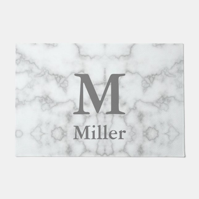 Elegant Monogrammed Faux White Marble Doormat (Front)