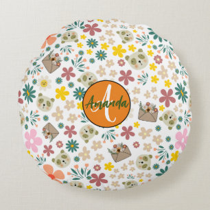 Elegant monogrammed floral pastel girly white pink round cushion