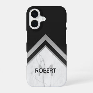 Elegant Monogrammed Geometric Black Silver Marble iPhone 16 Case