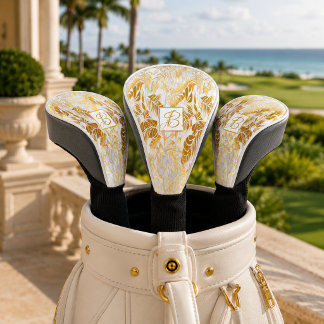 Elegant Monogrammed Gold and Ivory Monstera Leaf Golf Head Cover