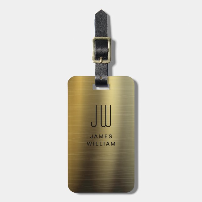 Elegant Monogrammed Gold Brushed Metallic Luggage Tag (Front Vertical)